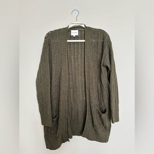 Women’s knit, olive green cardigan. Size L.